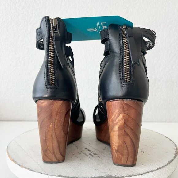 Lane Boots BECCA Womens Black Wedges 5.5 Western Sandals Cowgirl Leather Heels - Picture 3 of 11